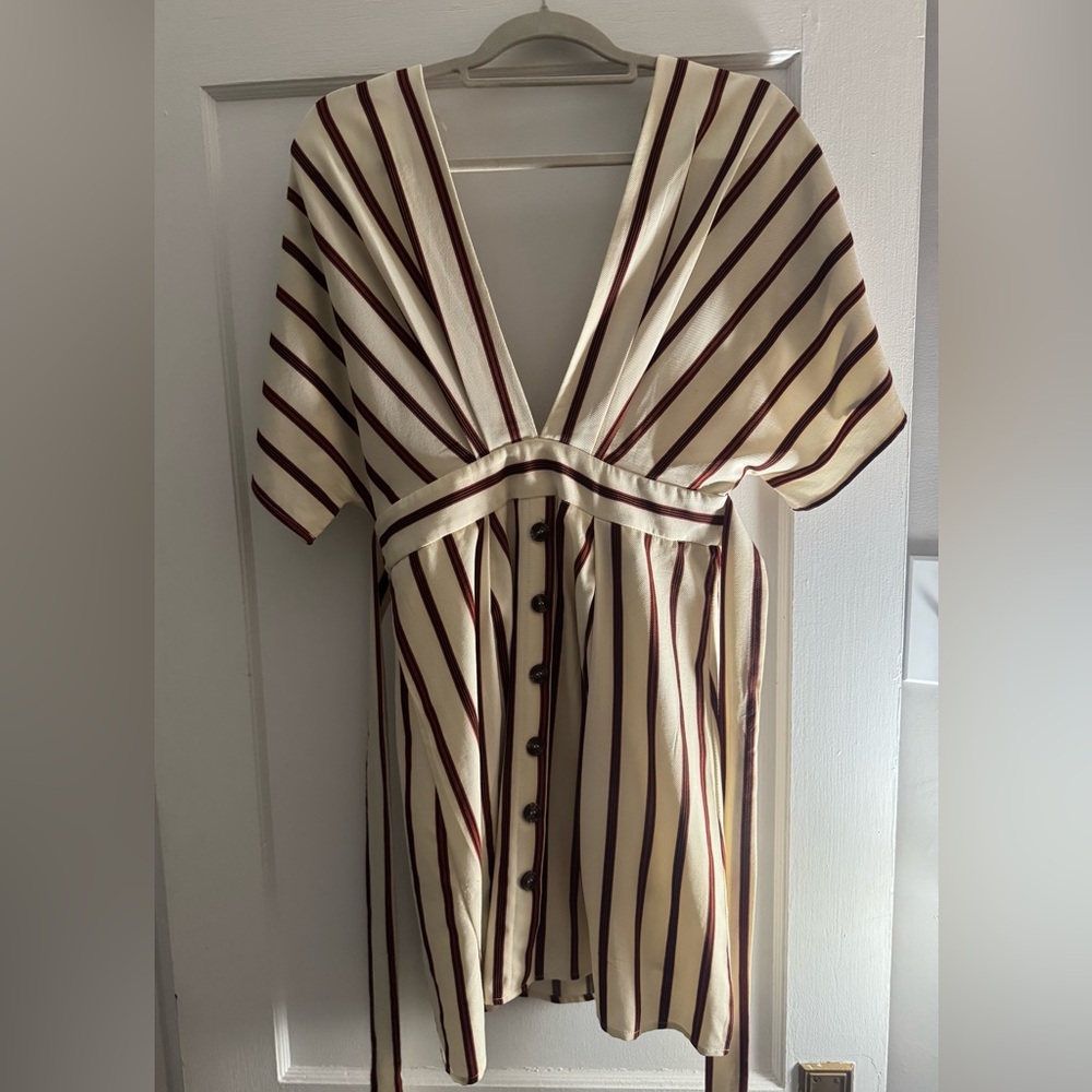 Striped V-Neck Button-Front Mini Dress in Cream and Burgundy
